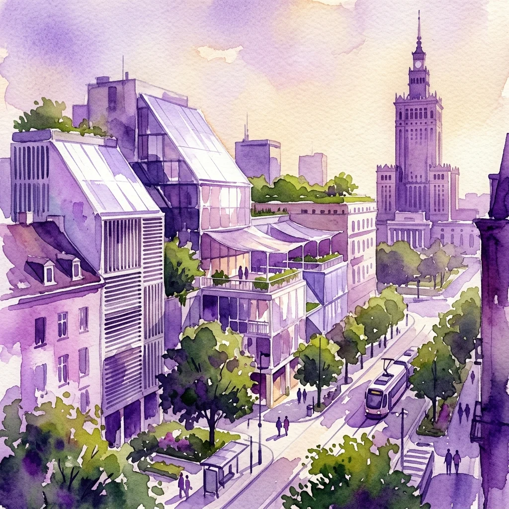 Una ilustración en acuarela del paisaje urbano de Varsovia con arquitectura moderna con techos verdes, árboles y el Palacio de la Cultura y la Ciencia al fondo, que representa estrategias de adaptación climática.