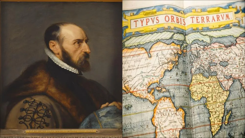Split composition featuring a painted portrait of a bearded man in 16th-century attire on the left and a hand-colored historical world map titled 'Typus Orbis Terrarum' on the right.
