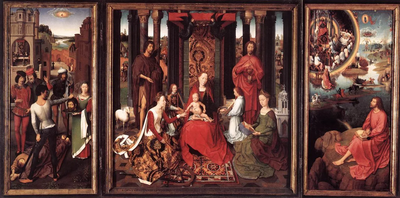 Triptych painting with a central panel of the Virgin Mary and Child enthroned among saints, flanked by side panels depicting religious narrative scenes with figures and landscapes.