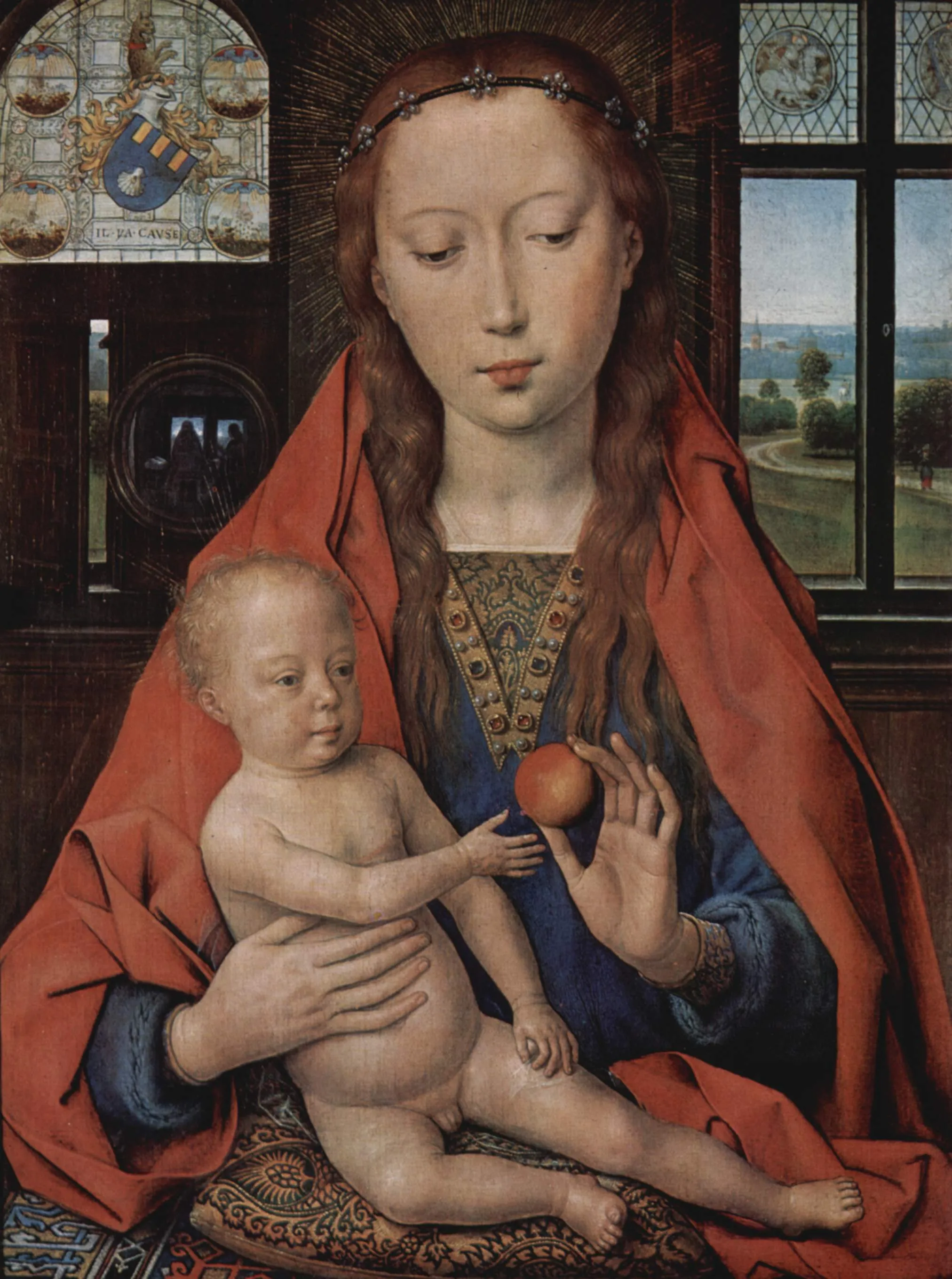 Painting of the Virgin Mary in a red robe holding the Christ Child on her lap, who reaches for an apple she holds, with a window showing a landscape in the background.