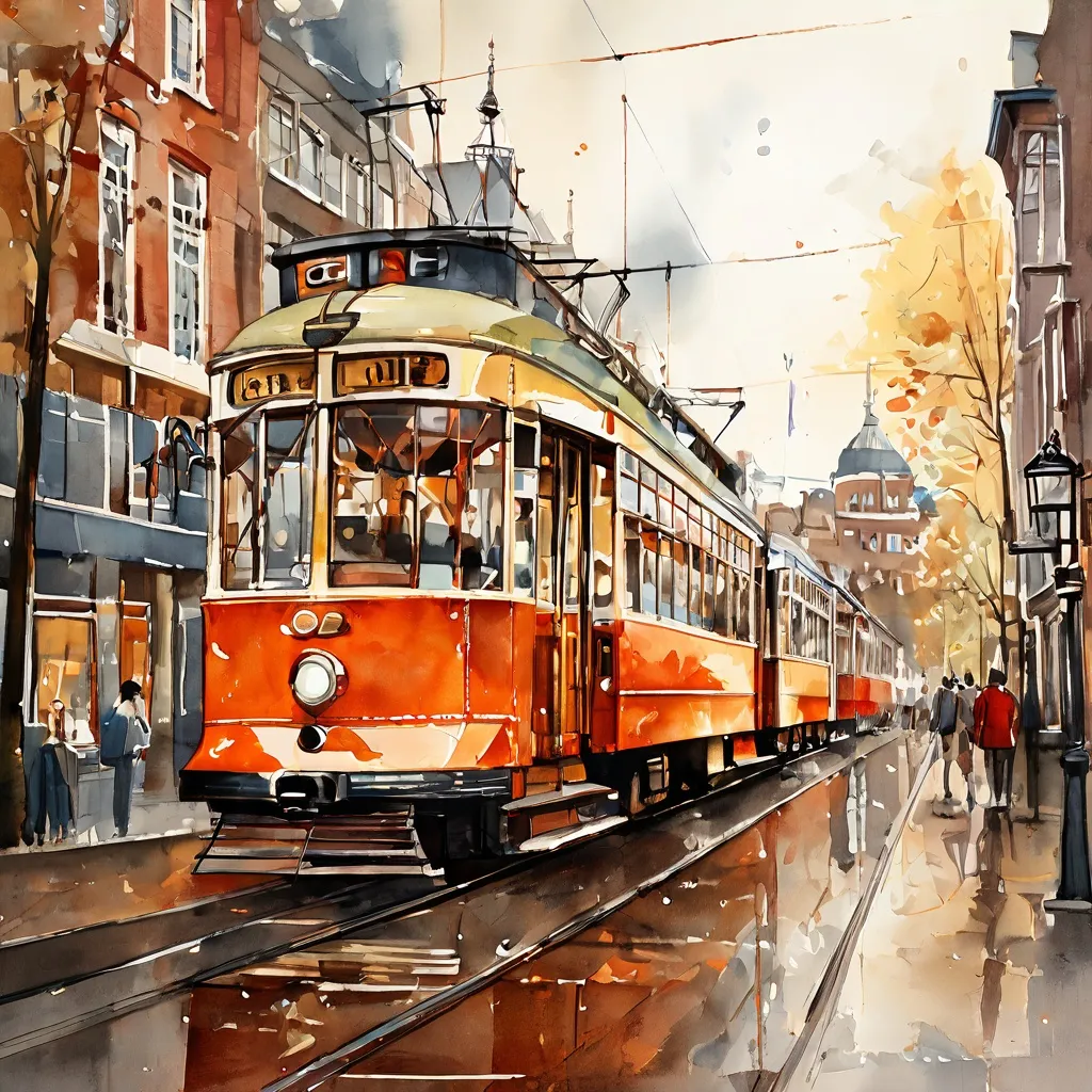 Un tranvía eléctrico vintage de la Electrische Museumtramlijn Amsterdam circula por una calle histórica de la ciudad, celebrando 125 años de tranvías eléctricos.