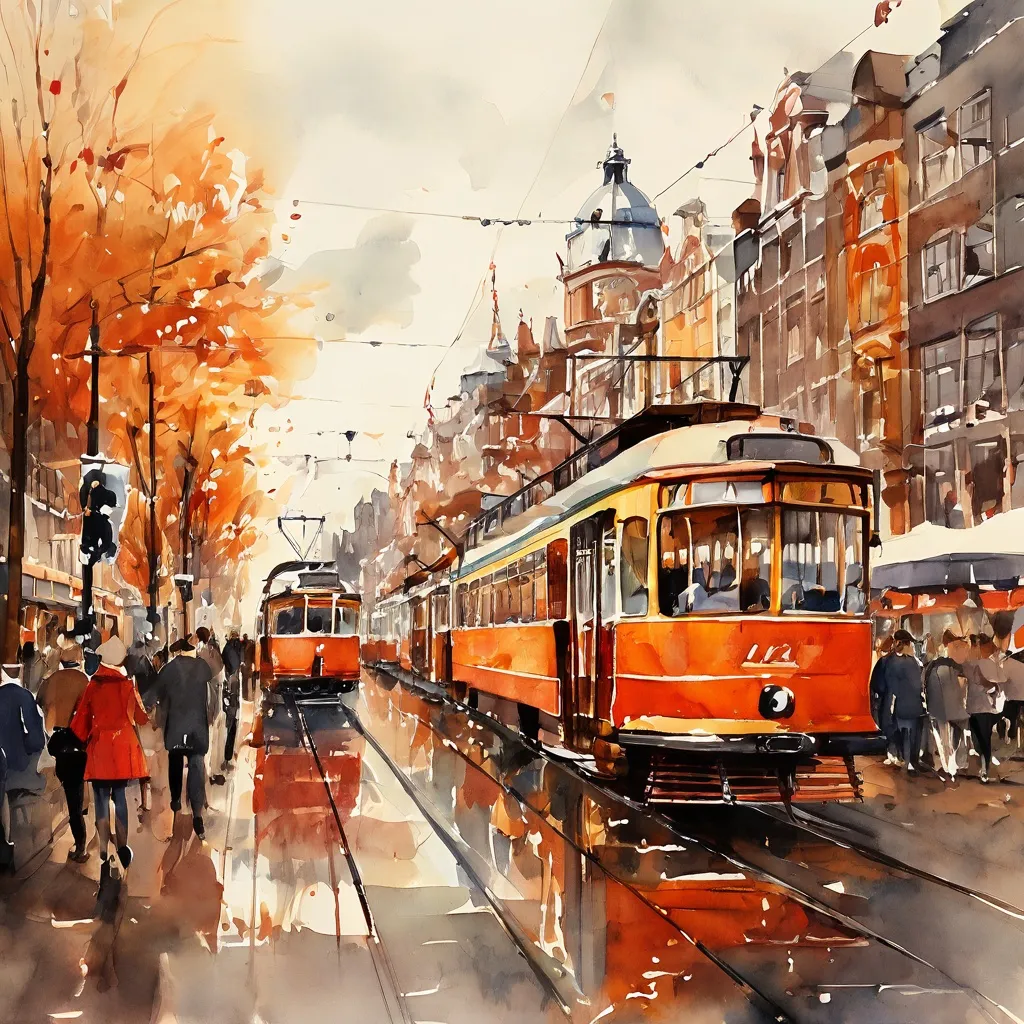 Una escena de celebración con varios tranvías históricos de la Electrische Museumtramlijn Amsterdam, decorados para un desfile de 50 aniversario, circulando por un entorno urbano.