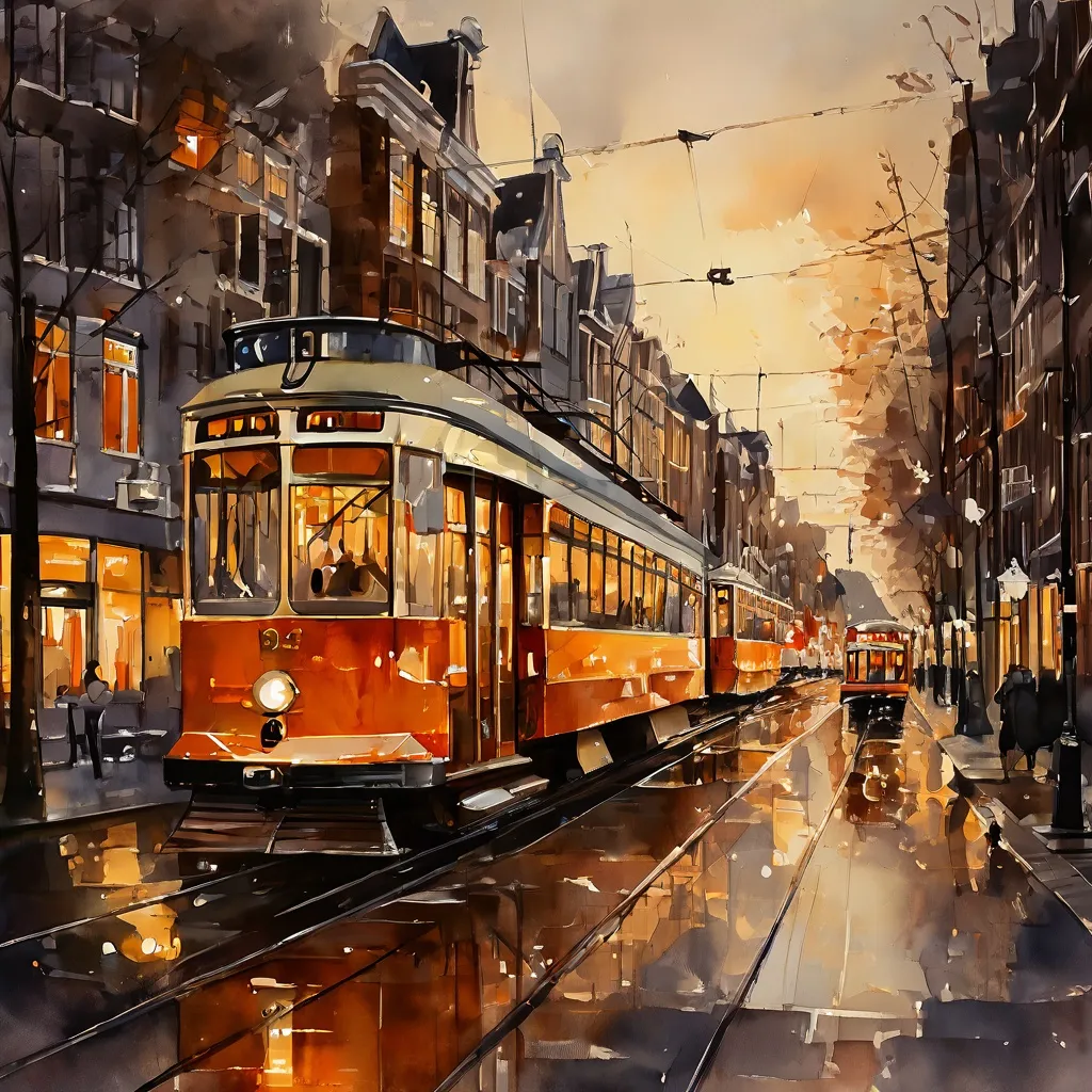 A historic electric tram from Electrische Museumtramlijn Amsterdam, adorned with festive lights, moving through a charming, illuminated street in Amsterdam at night.
