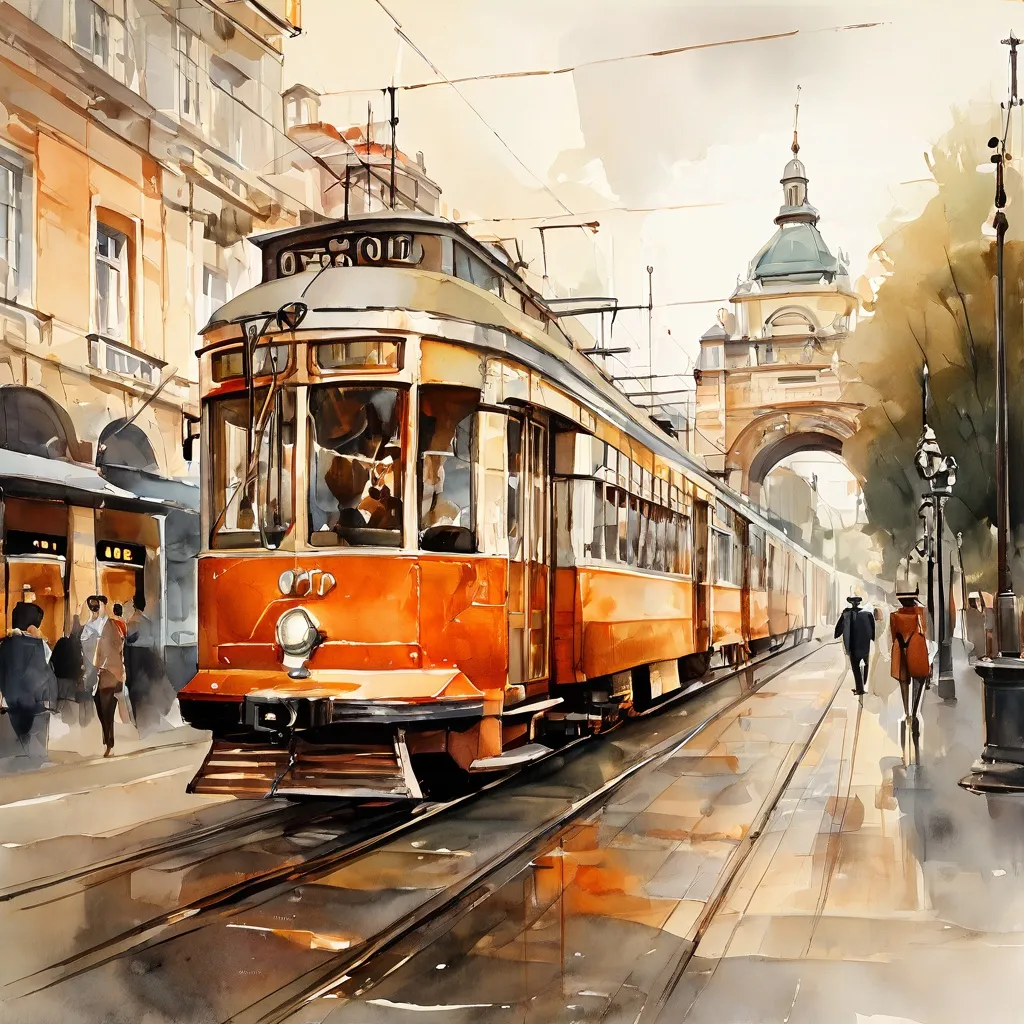 Een historische Praagse tram, nummer 352, vertrekt van de Electrische Museumtramlijn Amsterdam, met op de achtergrond vintage stationsarchitectuur. De scène roept een gevoel van historische overgang op.