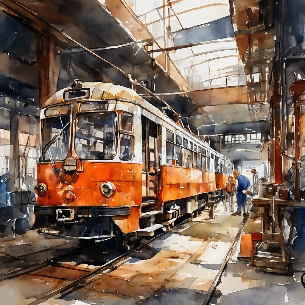 A vintage electric tram, number 1006, being worked on in a maintenance depot, with a focus on its newly fitted standard-gauge undercarriage.