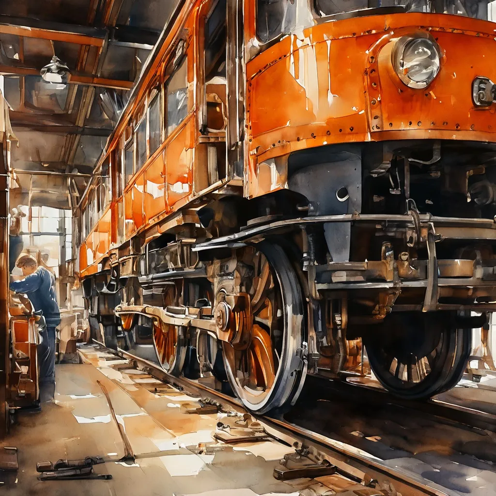 A detailed view of a historic tram's step section undergoing meticulous repair work in a workshop at the Electrische Museumtramlijn Amsterdam.