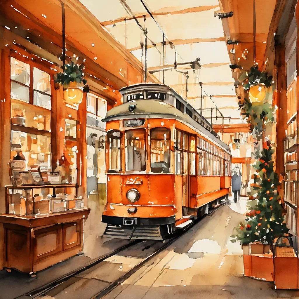 Wnętrze Tramshopu Electrische Museumtramlijn Amsterdam, prezentujące unikalne prezenty i pamiątki na sezon świąteczny.