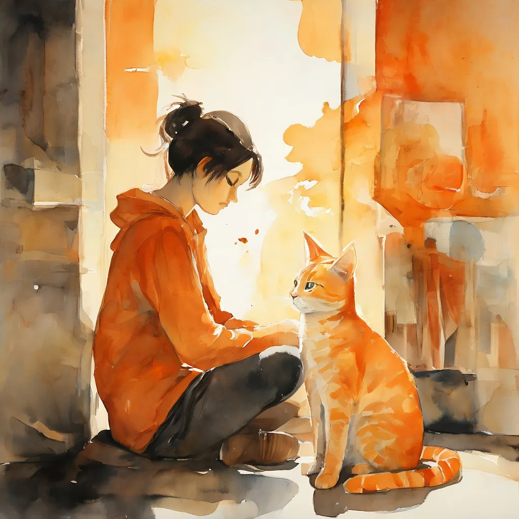 Una representación artística de una persona interactuando suavemente con un gato, simbolizando el vínculo terapéutico entre humanos y animales, ambientada en un espacio de galería en el Museum van de Geest.