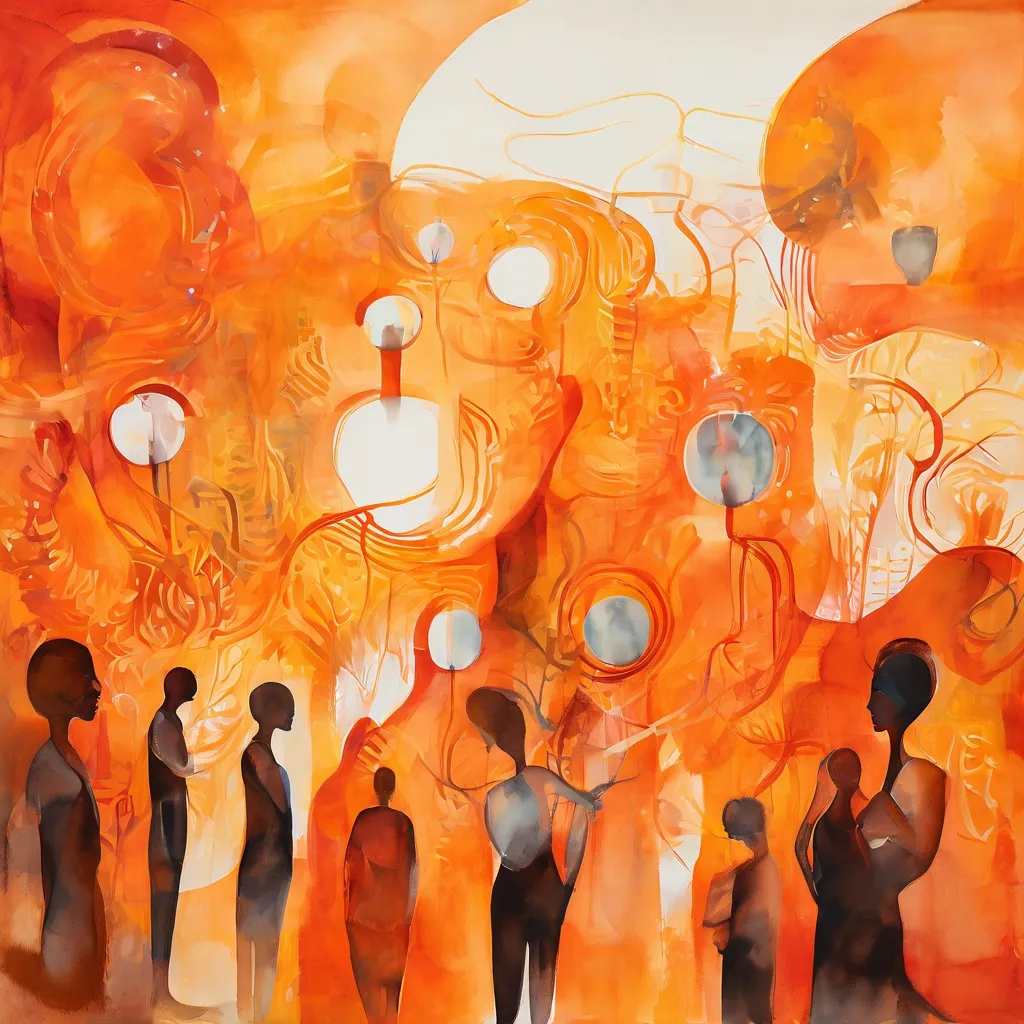 Una ilustración abstracta y de apoyo para el mes de beneficios en el Museum van de Geest, que muestra elementos relacionados con la comunidad y la concienciación sobre salud mental.