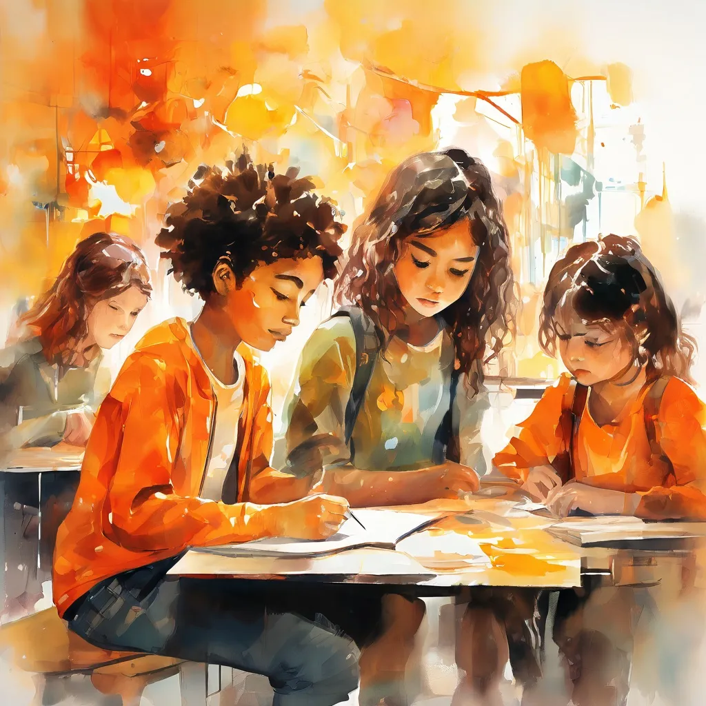 Ilustración digital que muestra a estudiantes participando en un programa creativo de educación sobre salud mental en el Museum van de Geest, con elementos abstractos que representan pensamientos y emociones.