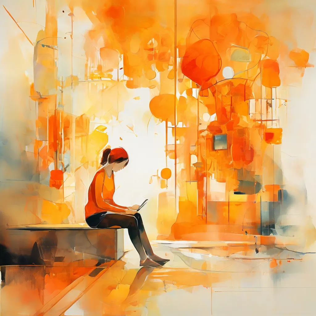 Una representación abstracta y serena del mundo interior y las emociones de una persona joven, representada a través de colores vibrantes y elementos digitales entrelazados, en el espacio conceptual del Museum van de Geest.