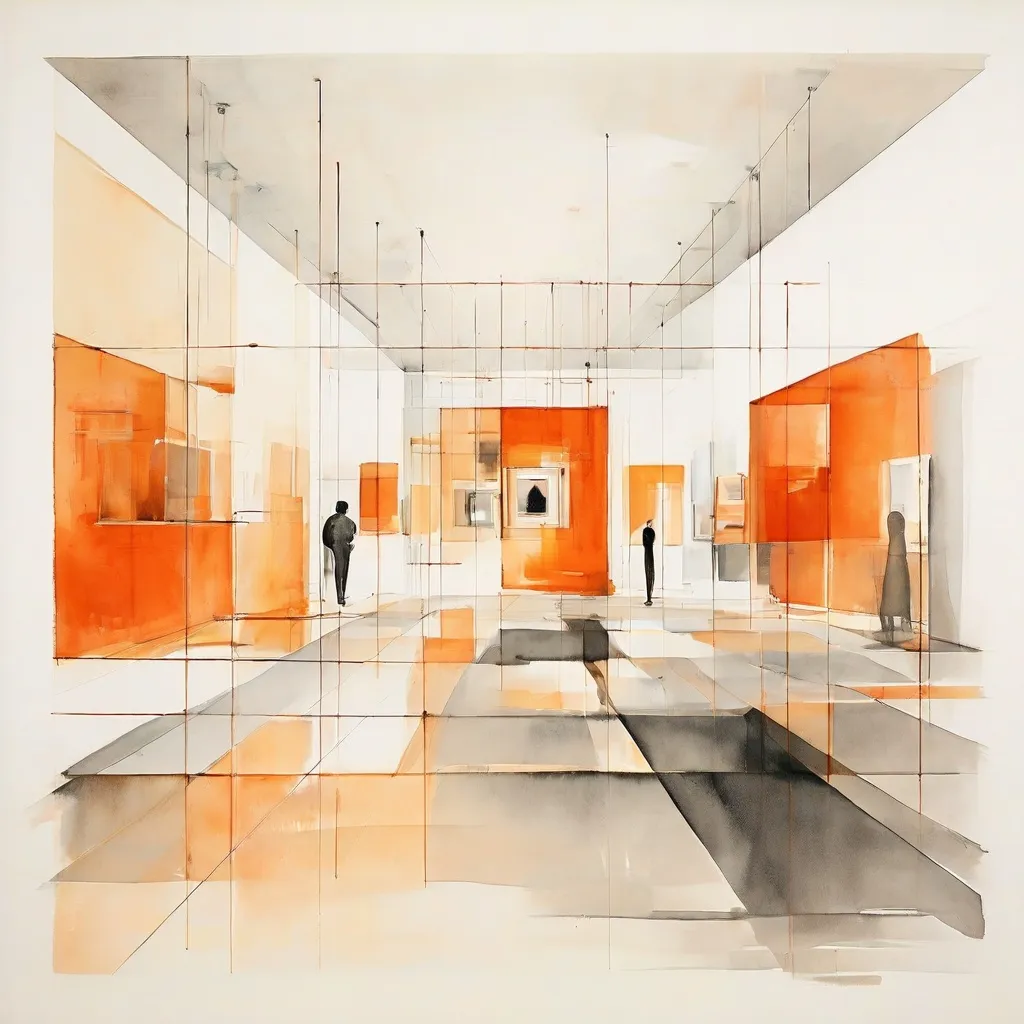 Obras de arte abstractas y conceptuales dispuestas meticulosamente en un patrón de cuadrícula grande y ordenado dentro de una sala de exposición luminosa en el Museum van de Geest, reflejando temas de números y horarios.