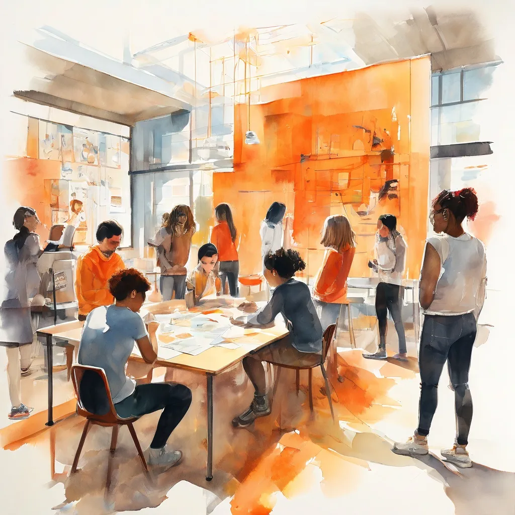Una imagen vibrante e inclusiva que representa a jóvenes estudiantes y una figura adulta participando en un taller colaborativo, con elementos que sugieren reflexión personal y actividades de bienestar mental, en el Museum van de Geest.