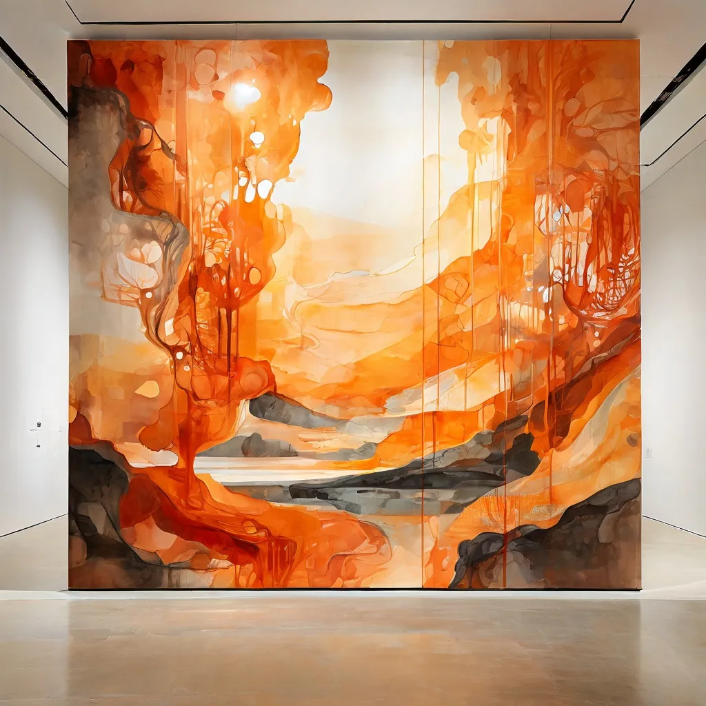 Un tapiz textil vibrante y a gran escala de Laurence Aëgerter expuesto en el Museum van de Geest, con paisajes abstractos arremolinados, una puerta entreabierta y sutiles patrones de manchas de tinta de Rorschach, creando una sensación de introspección y descubrimiento.