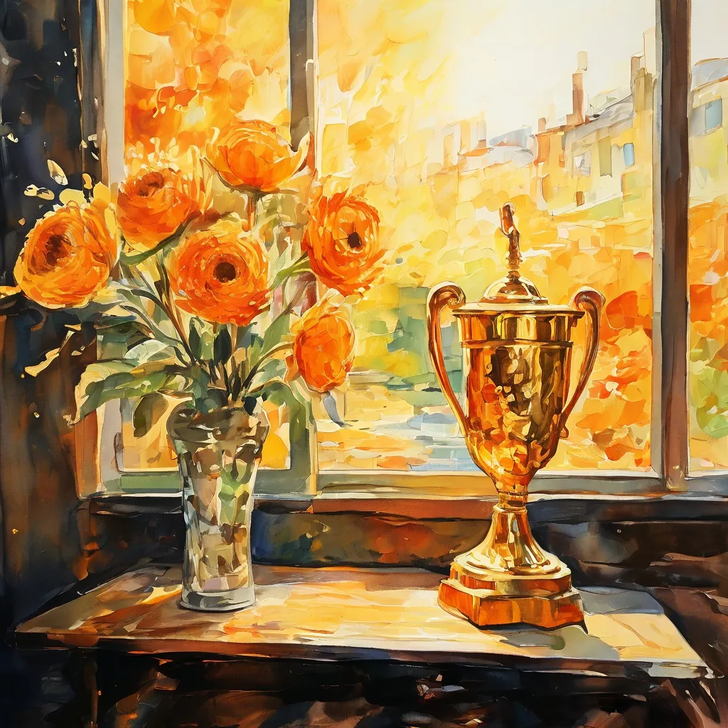 Una ilustración estilizada que representa a un grupo de personas diversas, simbolizando voluntarios, reunidas alrededor de un gran y ornamentado premio o una réplica enmarcada de una pintura famosa, como un Van Gogh, dentro del ambiente acogedor del Museum van de Geest.