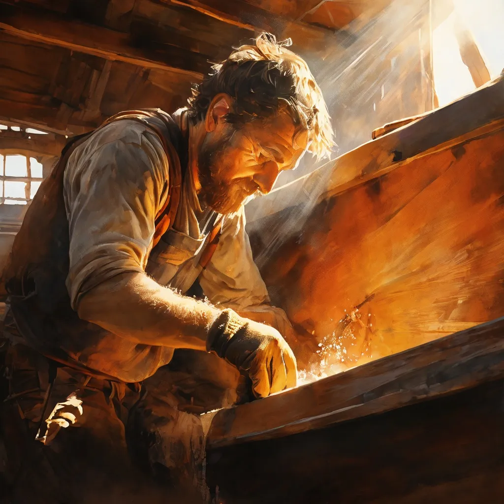 A protective glove carefully sanding a section of an old wooden ship at Museumhaven Amsterdam, highlighting safety in heritage maintenance.