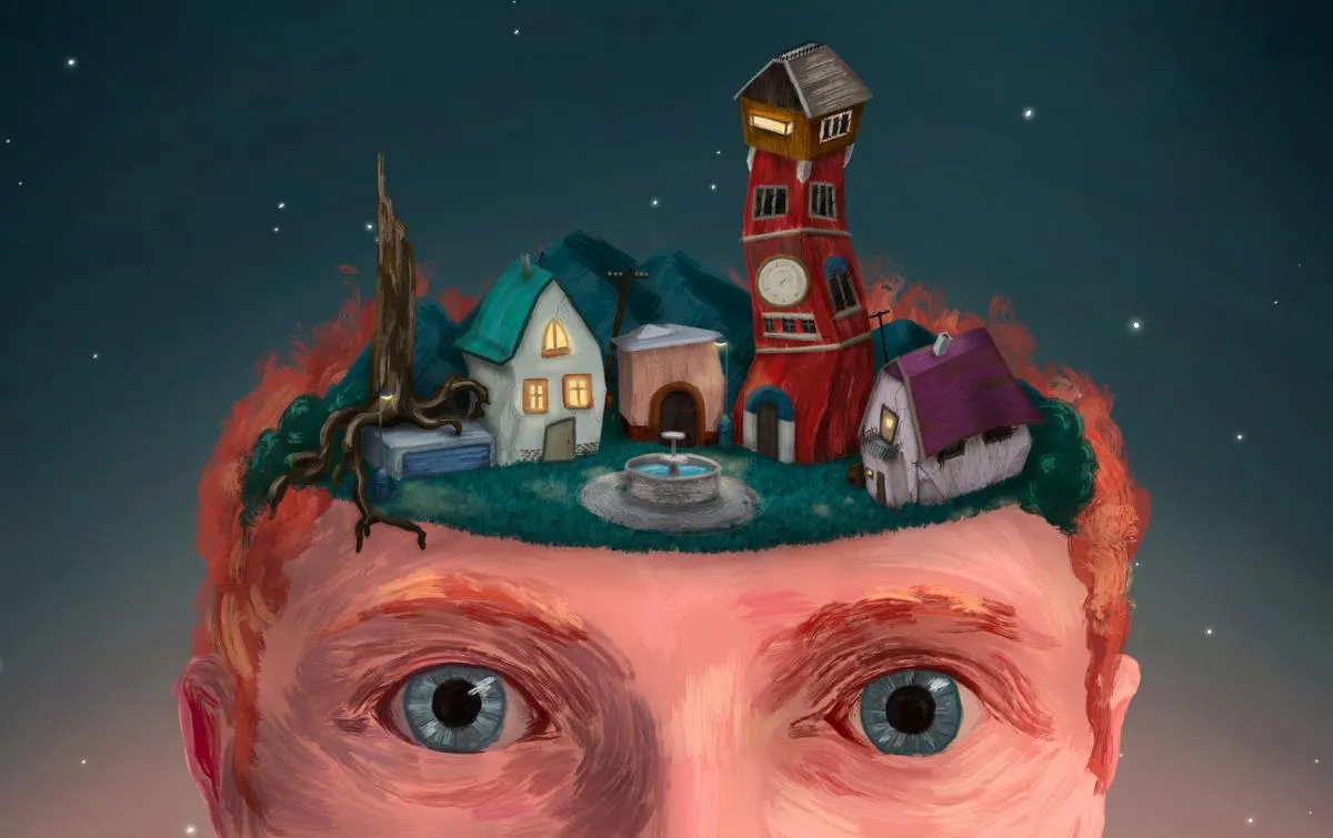 Surrealistyczna ilustracja ludzkiej głowy z miniaturowym miasteczkiem wyłaniającym się z góry.