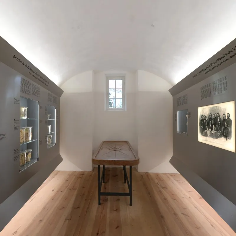 Interior of Narrenturm with display cases, wooden table, and historical photograph on the wall