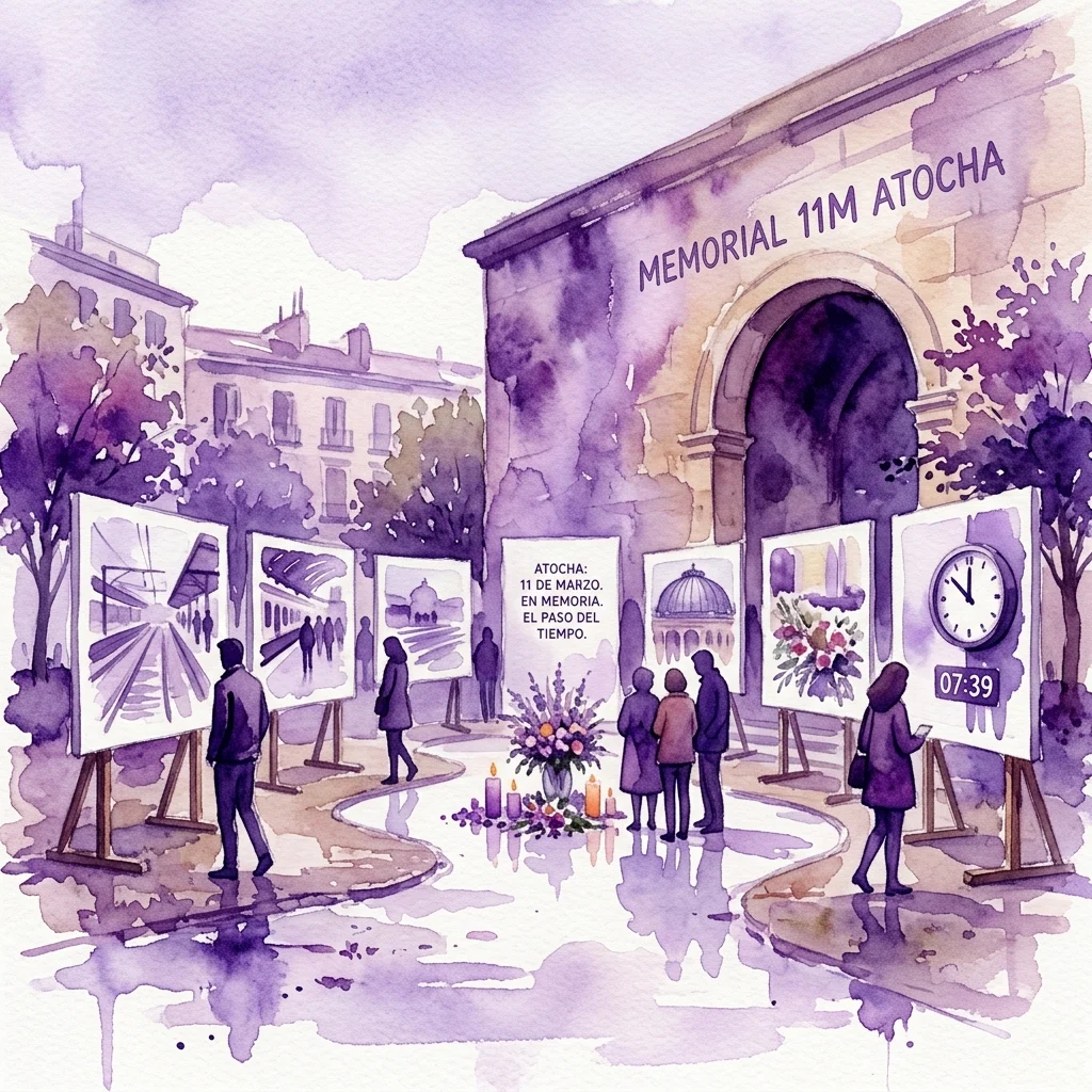 Ilustracja akwarelowa wystawy upamiętniającej na stacji Atocha, upamiętniającej 20. rocznicę ataków z 11 marca, ze zdjęciami, świecami i odwiedzającymi refleksyjnie wspominającymi tragedię.