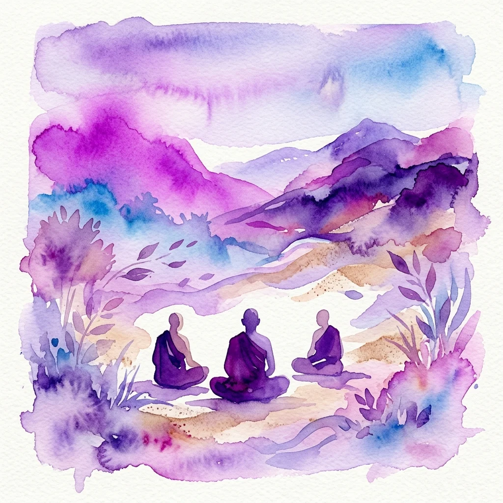 Watercolor painting of three monks meditating in a serene landscape with purple and blue hues, representing Buddhist spirituality in the art of Joaquín Sanz.