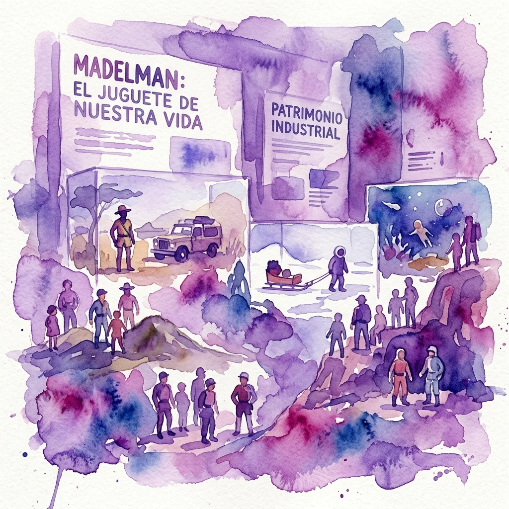 Ilustración en acuarela de la exposición Madelman, con figuras de acción vintage en dioramas que representan temas de exploración, industria y espacio, con el texto 'Madelman: El juguete de nuestra vida' y 'Patrimonio Industrial'.
