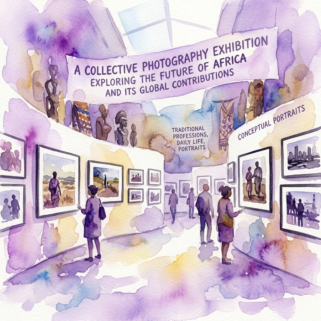 Waterverftekening van de Afrotopía fotografie-expositie, met een groepsproject van jonge kunstenaars uit Mali, Senegal en Niger, die de toekomst van Afrika en de wereldwijde bijdragen verkennen aan de hand van thema's als traditionele beroepen, het dagelijks leven en conceptuele portretten.