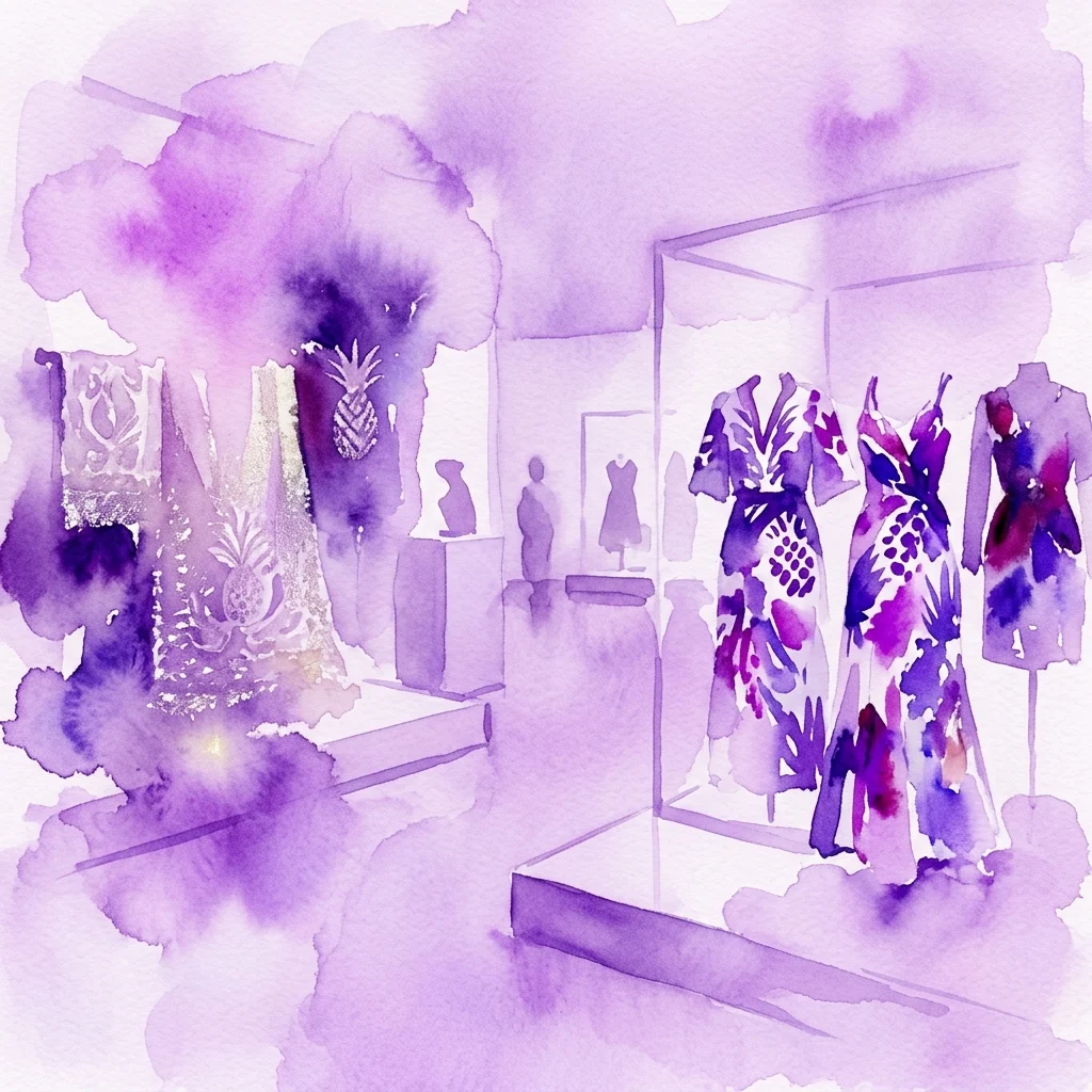 Een aquarelillustratie van een tentoonstelling met traditionele Filipijnse piña-textiel en hedendaagse modeontwerpen, met ananasmotieven en paarse tinten, die de fusie van traditie en moderniteit laat zien.