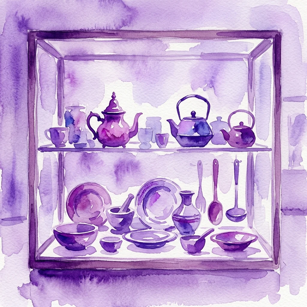 Ilustracja akwarelowa gabloty muzealnej zawierającej różne światowe artefakty związane z żywnością, w tym czajniki, miski, talerze i sztućce, reprezentujące dziedzictwo kulinarne.