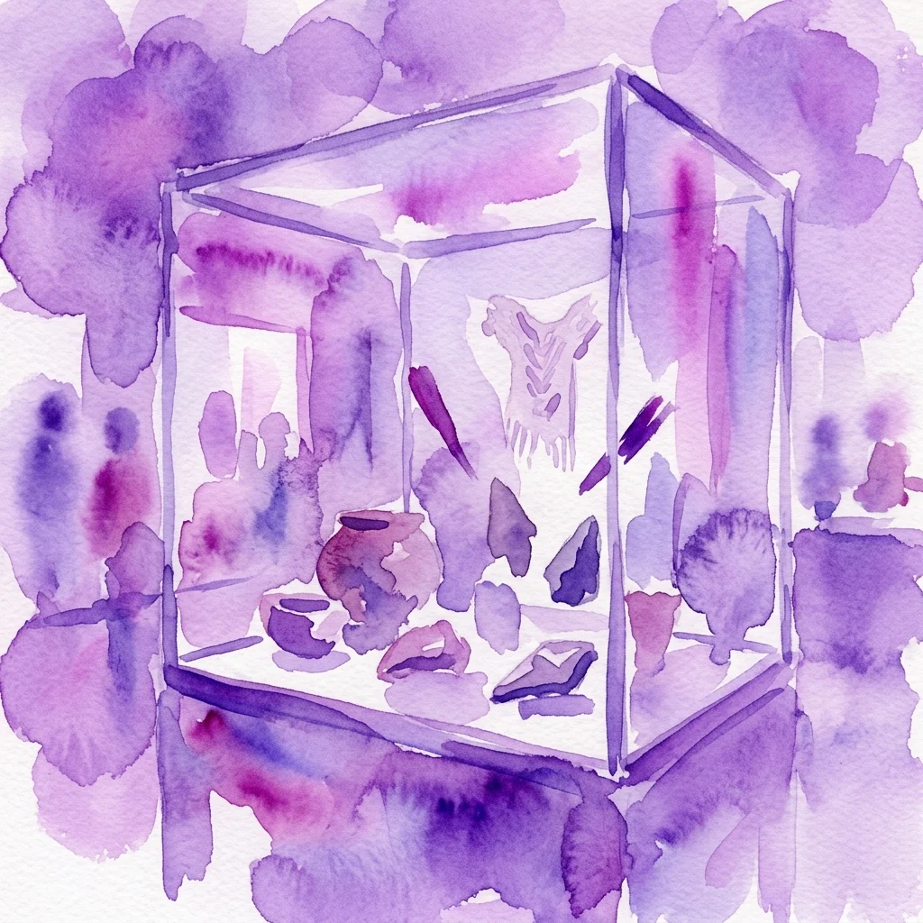 A watercolor illustration of a museum display case containing anthropological artifacts, including pottery and bones, symbolizing donated objects from the storeroom to the exhibition vitrine.
