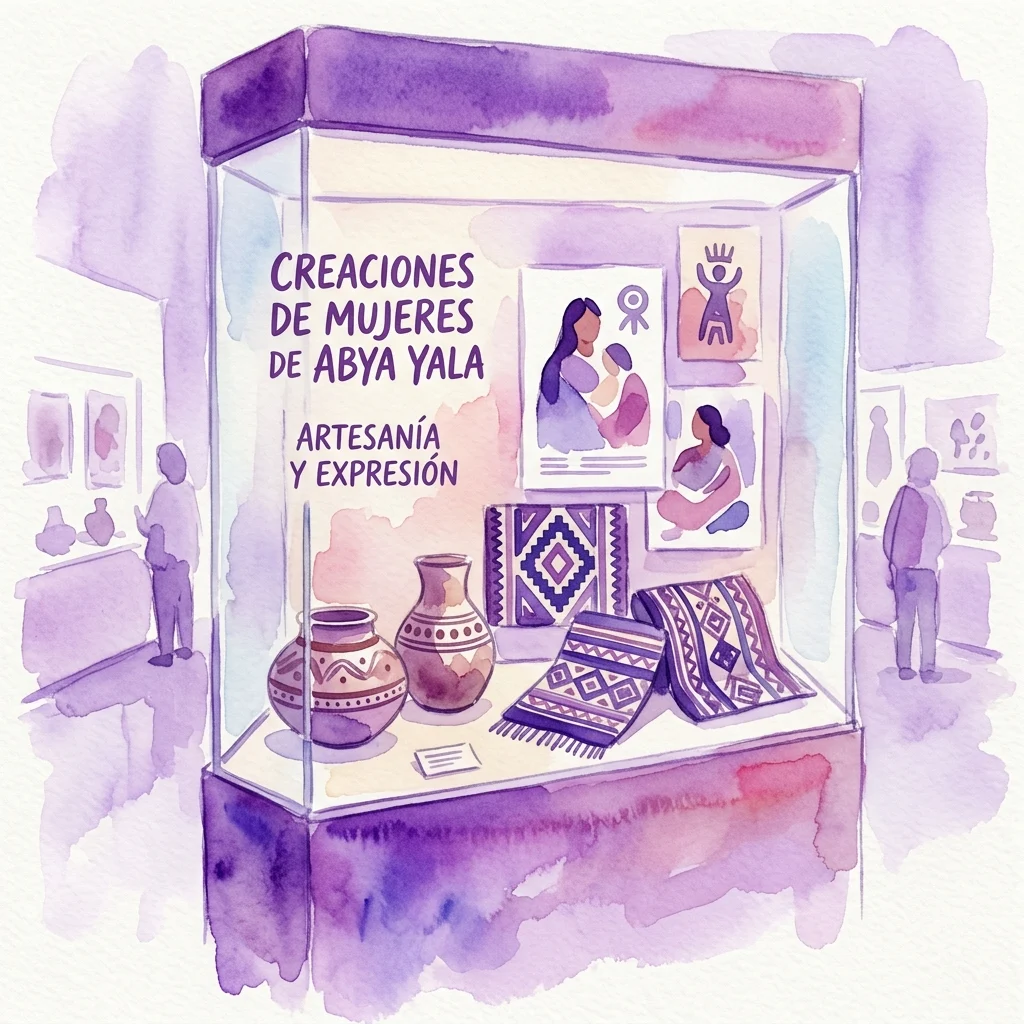 Una vitrina de museo que presenta vasijas de cerámica, textiles tejidos y grabados gráficos, mostrando las creaciones artísticas de mujeres de Abya Yala, con el texto 'CREACIONES DE MUJERES DE ABYA YALA' y 'ARTESANÍA Y EXPRESIÓN'.