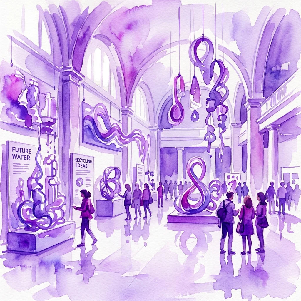 Ilustración en acuarela de la exposición ART SKILLS 2019 en un salón de museo, con obras de arte de estudiantes sobre el tema 'Futuro: Agua y Reciclaje' con letreros y esculturas abstractas.