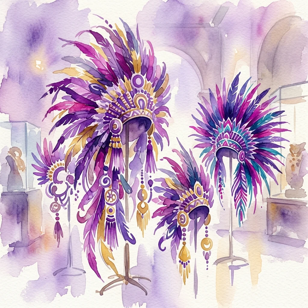 Waterverfillustratie van ingewikkelde pre-Colombiaanse gevederde hoofdtooien en ornamenten tentoongesteld in een museumgalerij, met levendige paarse, gouden en turkooizen veren met gedetailleerd vakmanschap.