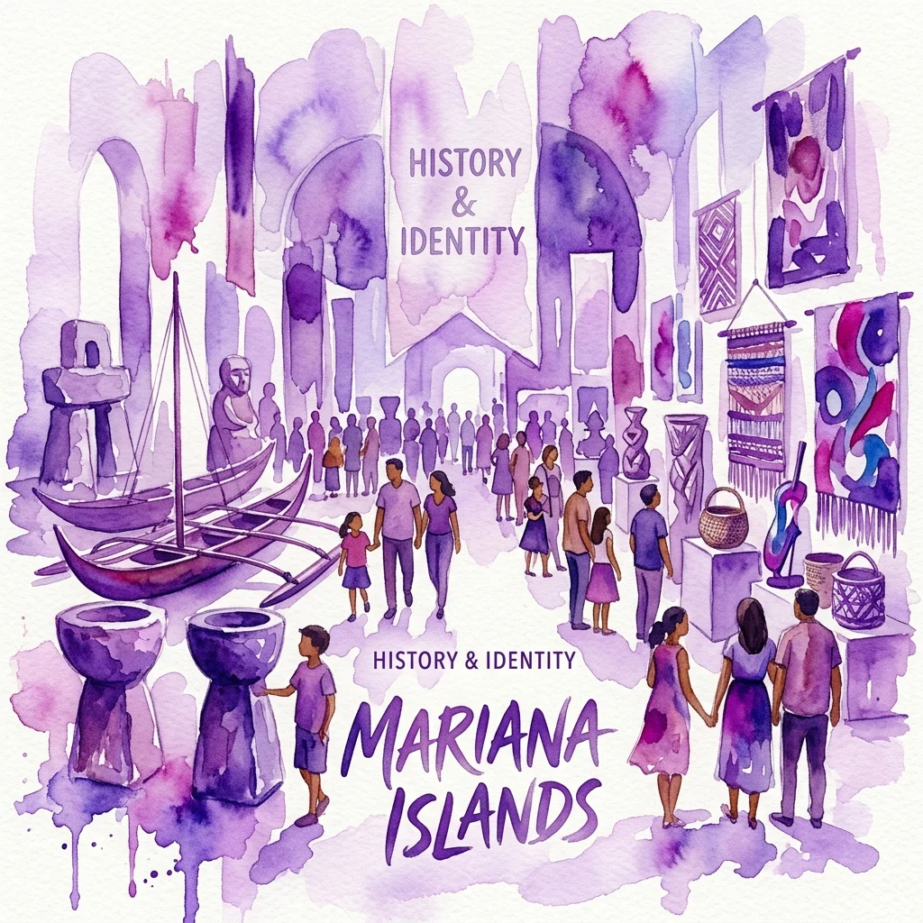 Ilustración en acuarela de una exposición de museo titulada 'BIBA CHAMORU: History & Identity' con artefactos chamorros, embarcaciones tradicionales y visitantes explorando la cultura de las Islas Marianas.