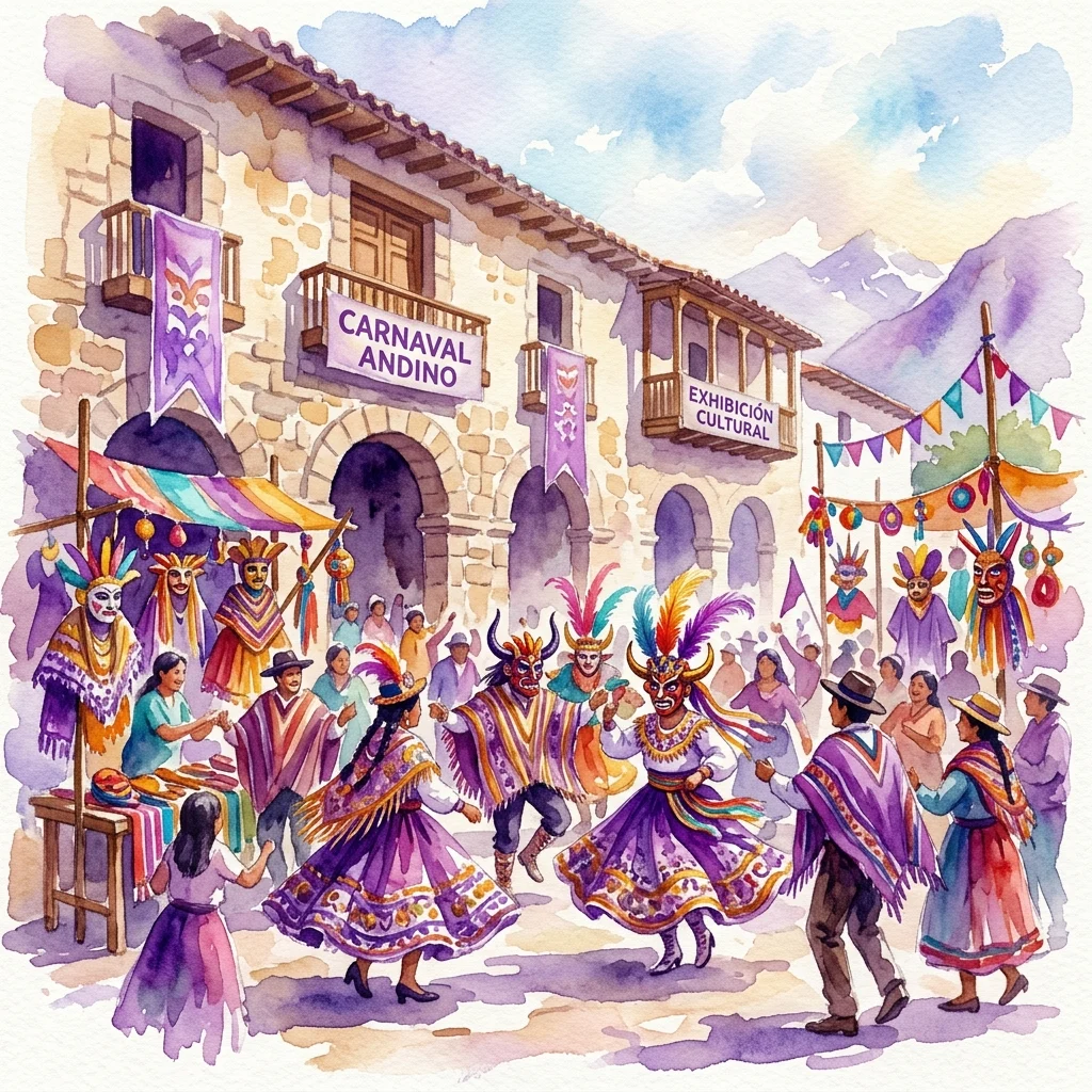Tętniąca życiem akwarelowa ilustracja wystawy Carnavales Andinos w Narodowym Muzeum Antropologii, przedstawiająca ludzi w tradycyjnych andyjskich strojach i maskach tańczących przed kamiennym budynkiem z banerami.