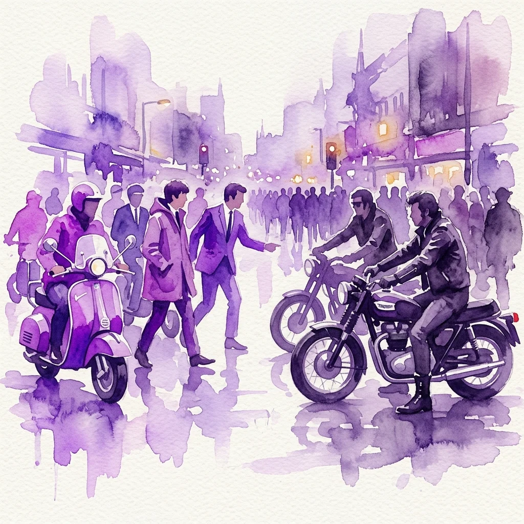 Waterverfillustratie van Britse mod- en rocker-subculturen uit de jaren 60 in conflict, met een scooter en motor, leren jassen en parka's in een stedelijke omgeving.