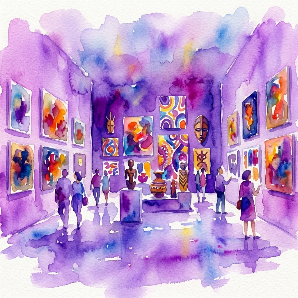 Ilustracja akwarelowa wystawy 'Colores de África', prezentująca żywe dzieła sztuki i artefakty kulturowe wystawione w galerii muzealnej z odwiedzającymi obserwującymi eksponaty.