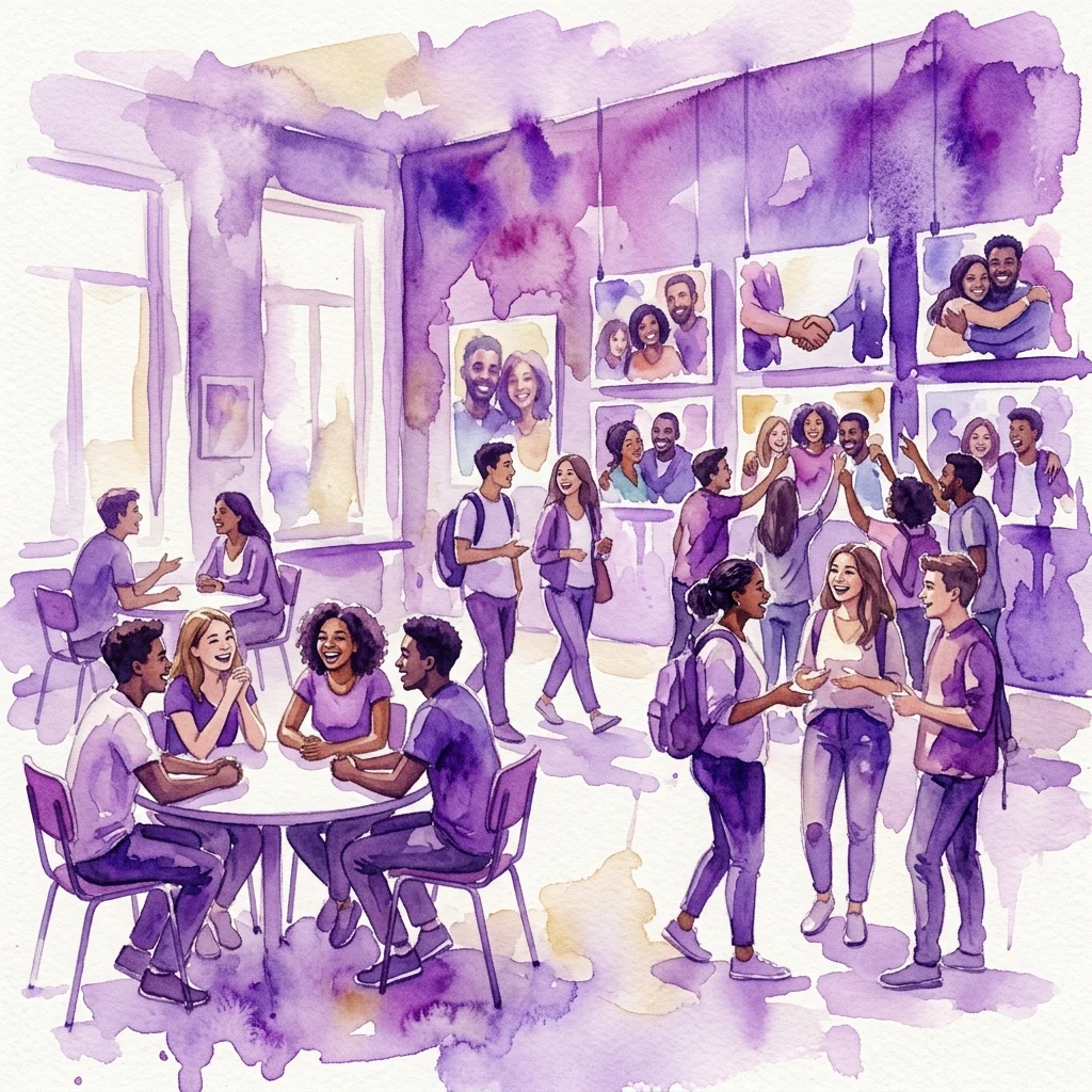 Een aquarelillustratie van diverse studenten die in een klaslokaal interageren, met foto's aan de muren die interculturele vriendschappen en samenwerkingen afbeelden.