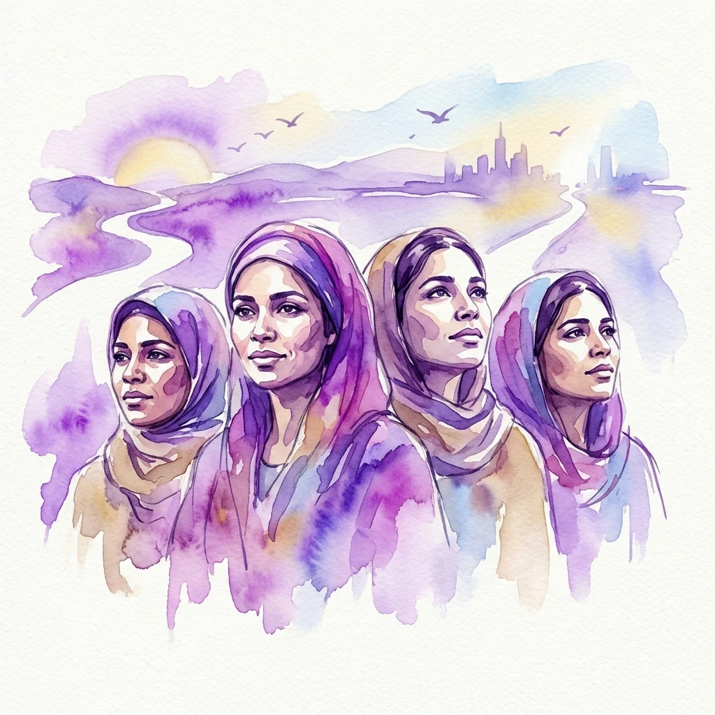 Ilustracja akwarelowa przedstawiająca cztery migrantki w hidżabach, patrzące z determinacją na tle krętej ścieżki, panoramy miasta i zachodu słońca, symbolizująca nadzieję i odporność.