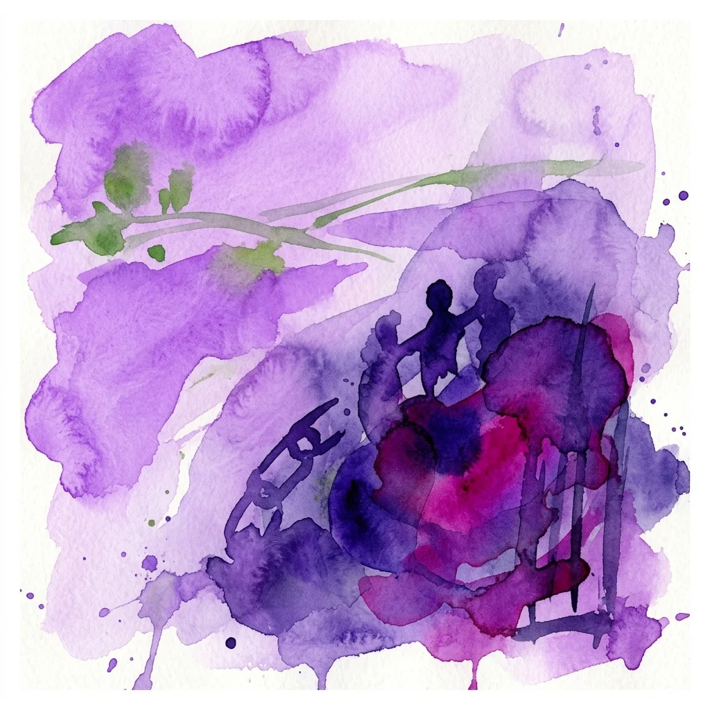 Abstract aquarelkunstwerk met paarse en groene tinten, met gesilhouetteerde figuren en kettingen, die thema's van slavernij en vrijheid symboliseren in de tentoonstelling van Miguel Ángel García.