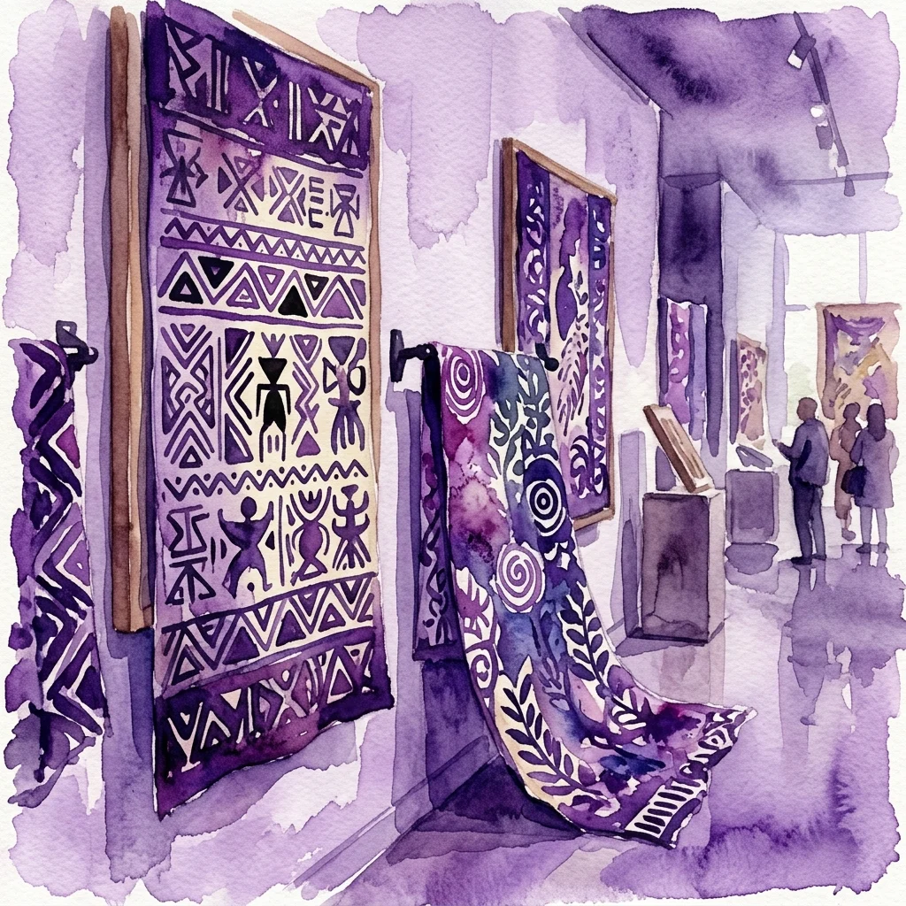 Ilustracja akwarelowa galerii muzealnej prezentującej zachodnioafrykańskie tkaniny ze skomplikowanymi wzorami geometrycznymi i symbolicznymi, w tym techniki bogolan i batik, eksponowane na ścianach i stojakach.