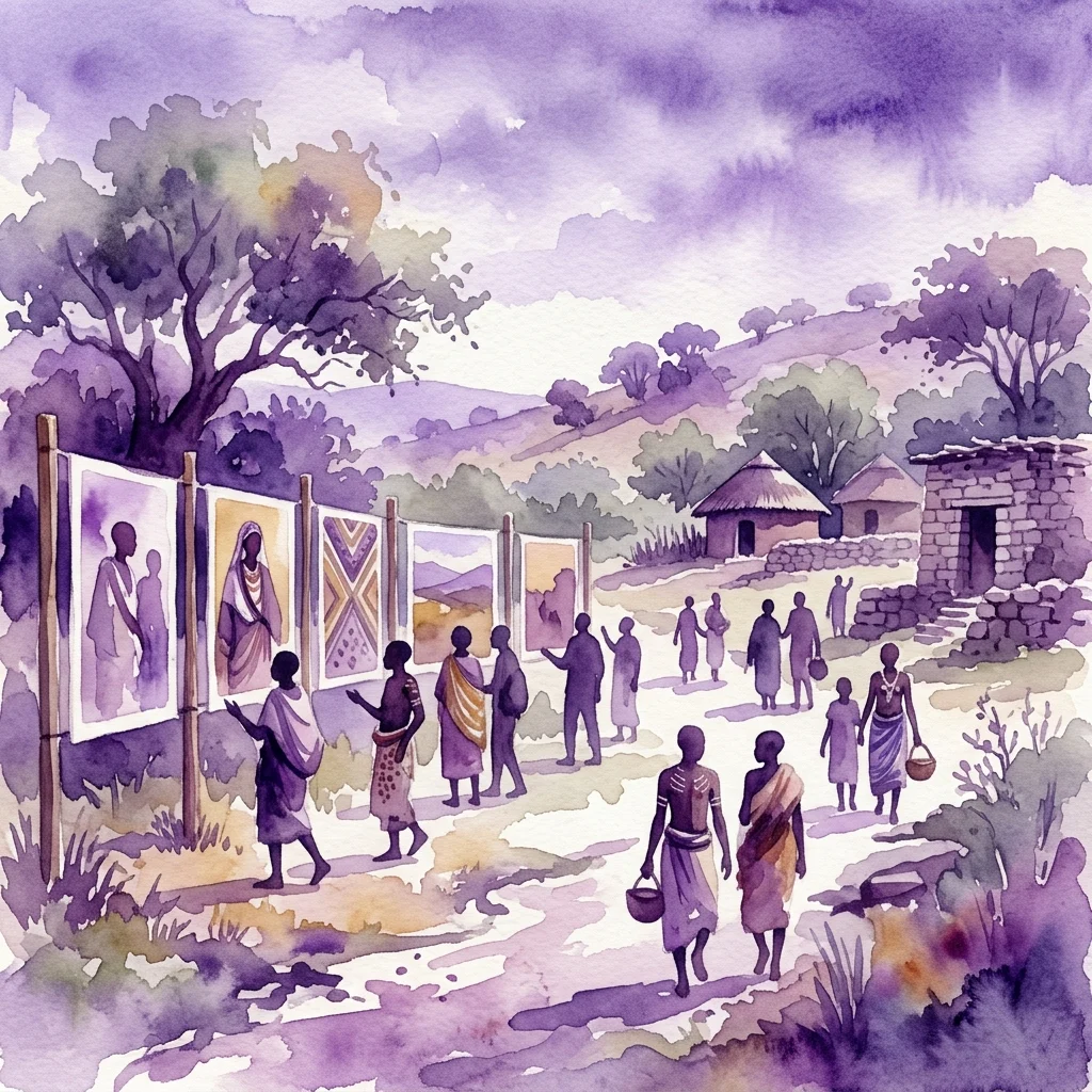 Ilustración en acuarela de una exposición al aire libre en Etiopía, con personas observando fotografías de arte corporal tradicional y prácticas culturales en un entorno de aldea rural.