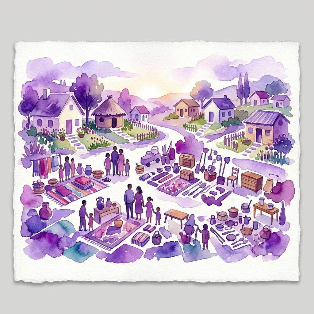 Una ilustración en acuarela de familias diversas con sus posesiones exhibidas fuera de sus hogares, representando la exposición 'Familias del mundo' inspirada en el proyecto 'Material World' de Peter Menzel.