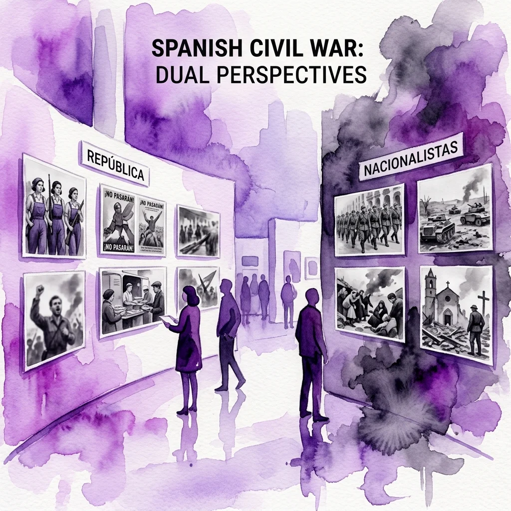 Una vista ilustrada de la exposición 'Guerra Civil Española: Perspectivas Duales', que muestra a visitantes observando fotografías en blanco y negro de los bandos Republicano y Nacionalista, con efectos de acuarela morada.