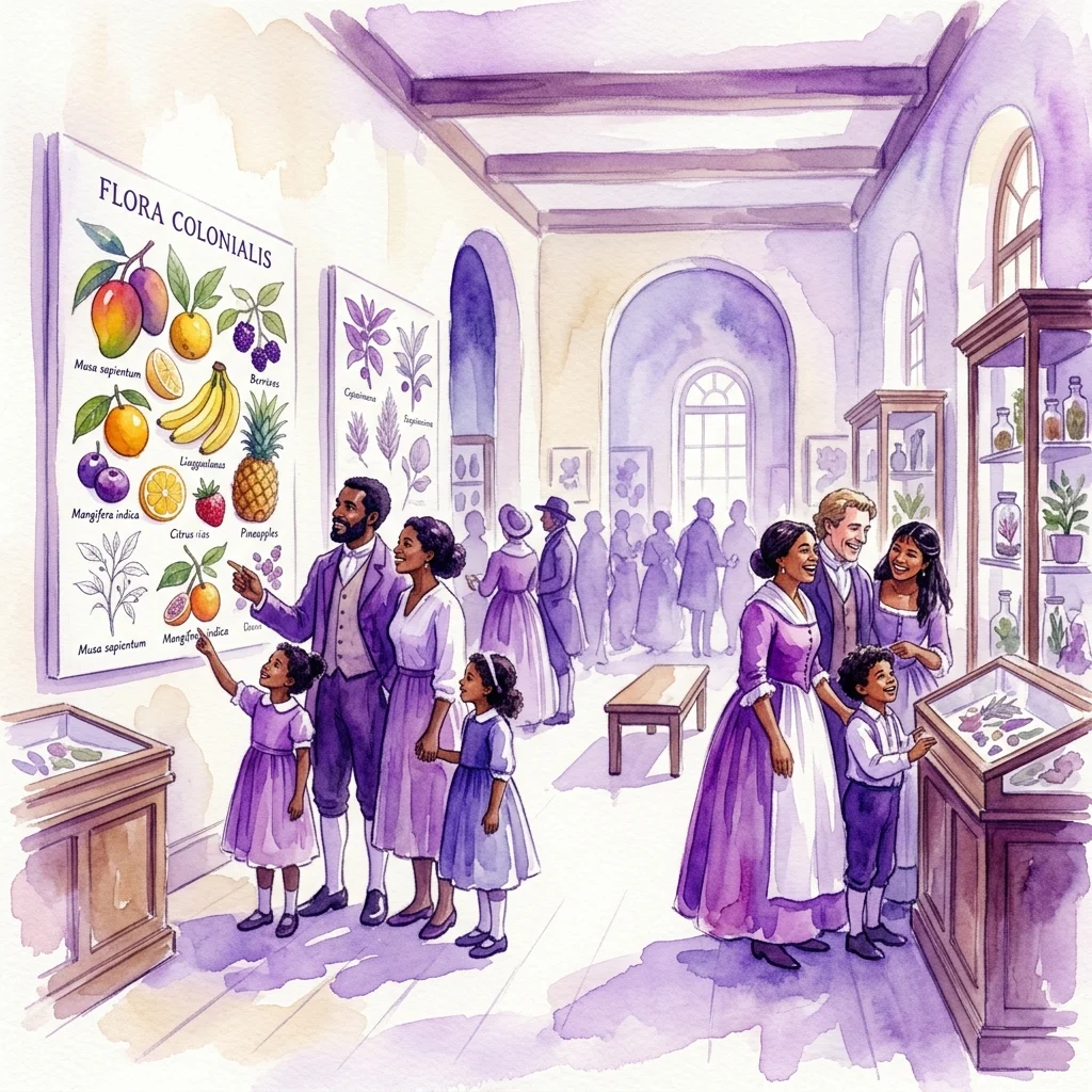 Ilustracja akwarelowa przedstawiająca galerię muzealną z wystawą „Frutas y Castas”, gdzie zwiedzający oglądają obrazy z epoki kolonialnej przedstawiające rodziny mieszane rasowo i sklasyfikowane rośliny, takie jak mango, banany i ananasy, odzwierciedlające etnograficzne badania nad mestizaje w XVIII-wiecznej Nowej Hiszpanii i Peru.