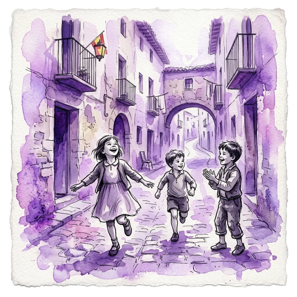 Een aquarelillustratie van drie lachende kinderen die over een geplaveide straat in een Spaanse stad rennen, met paarse tinten en traditionele architectuur, die de geest van de naoorlogse jeugd in Asturië oproept.