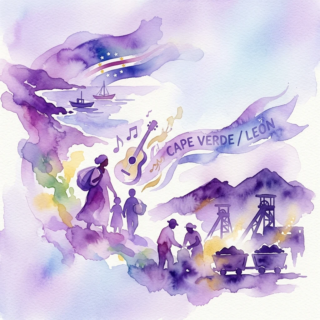 Ilustracja akwarelowa przedstawiająca migrację mieszkańców Republiki Zielonego Przylądka do León w Hiszpanii, z sylwetkami ludzi, gitarą, nutami, flagą Republiki Zielonego Przylądka i strukturami górniczymi, symbolizującymi tożsamość kulturową i adaptację.