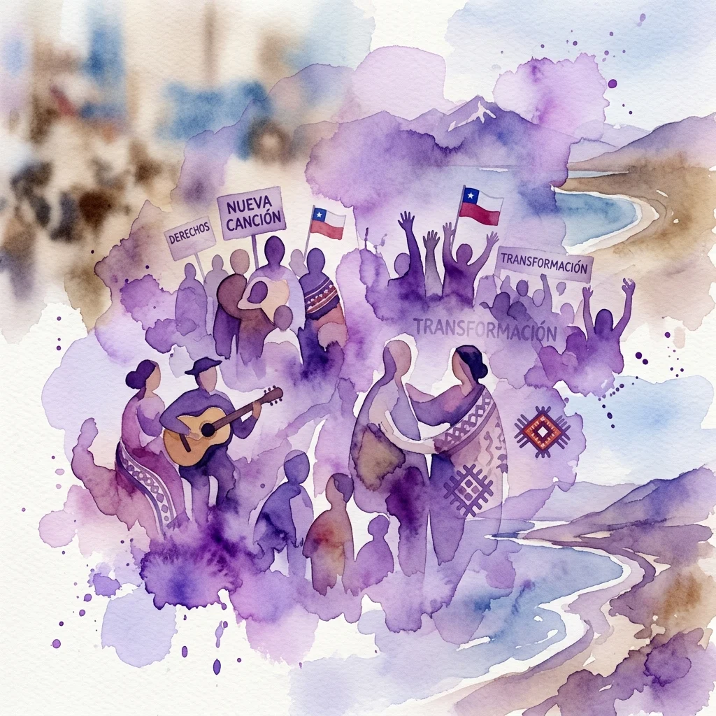 Watercolor illustration of a Chilean protest scene with figures holding signs for 'Derechos', 'Nueva Canción', and 'Transformación', a musician playing a guitar, and Chilean flags, set against a backdrop of mountains and water.