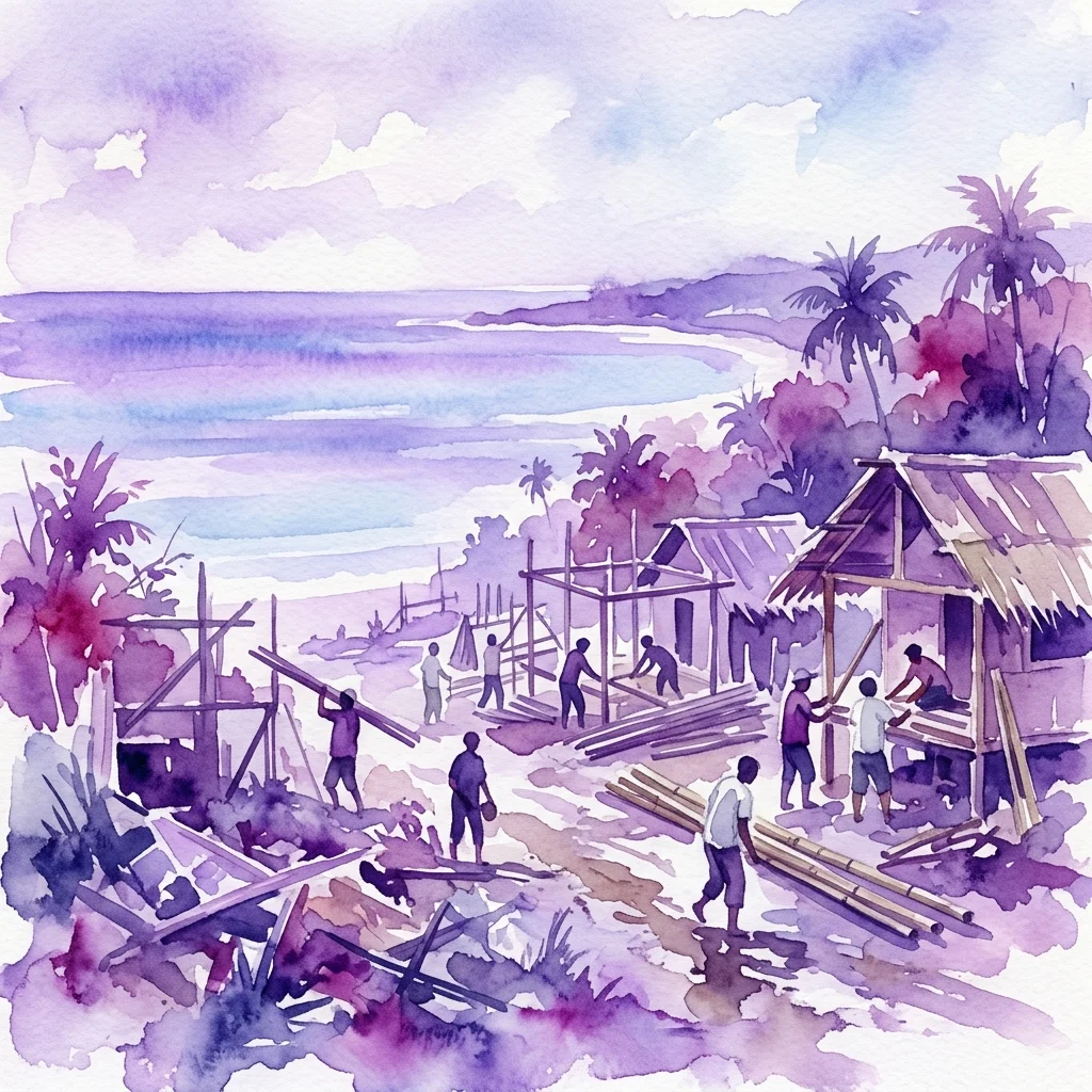 Ilustracja akwarelowa przedstawiająca ludzi odbudowujących domy w nadmorskiej wiosce po tsunami, z palmami i oceanem w tle, przywołująca poczucie odporności i odnowy.
