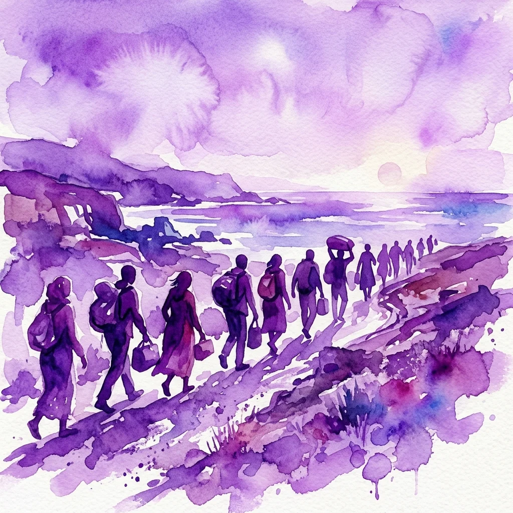 Ilustracja akwarelowa przedstawiająca grupę ludzi idących ścieżką przybrzeżną, niosących swoje rzeczy, symbolizującą migrację i podróż, z fioletowym niebem i morzem.