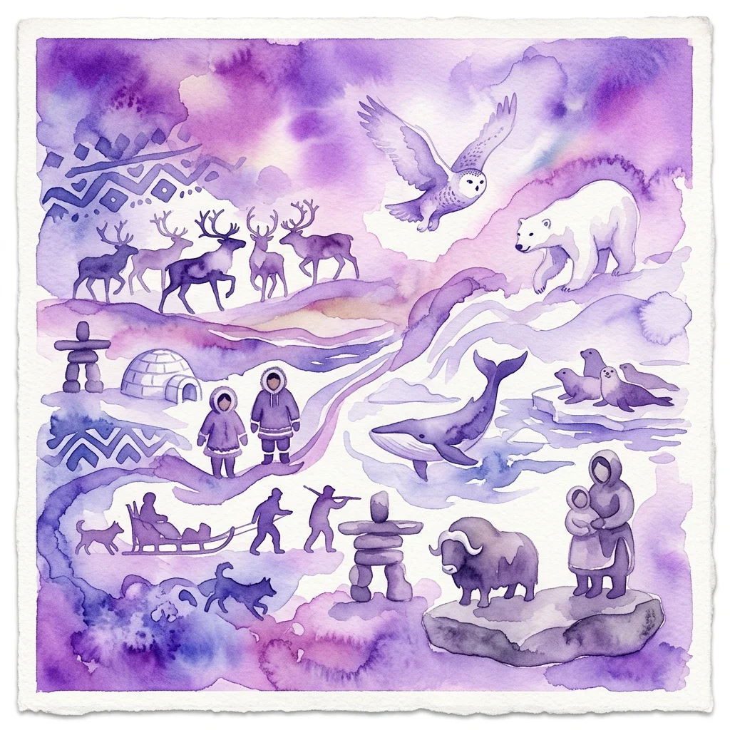 Tętniące życiem purpurowe akwarele przedstawiające życie kulturalne Inuitów ze scenami igloo, qamutiit (saniami zaprzężonymi w psy), niedźwiedziami polarnymi, wielorybami i tradycyjnymi postaciami, ilustrujące sztukę i tradycje ludu Inuitów.